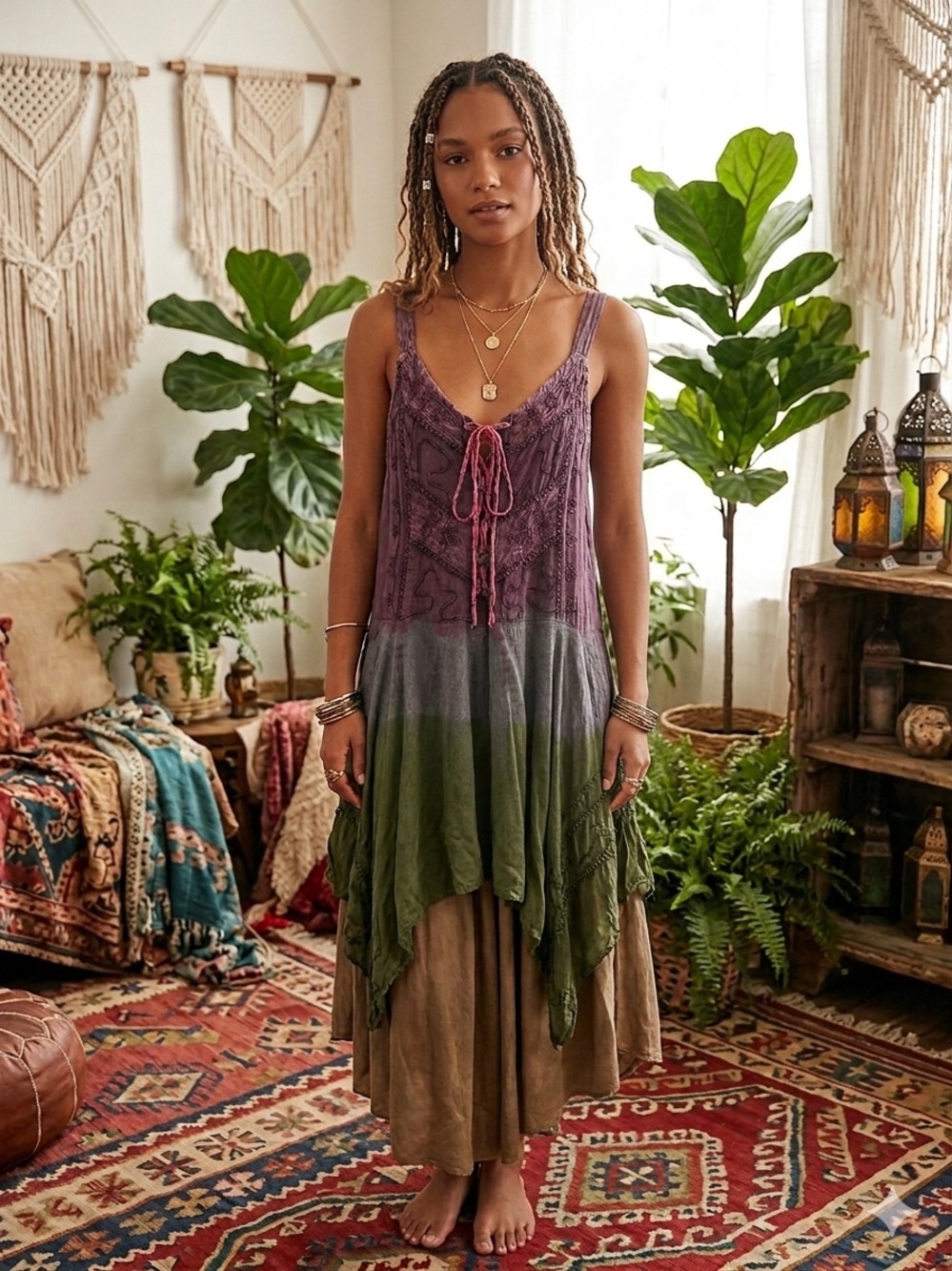 Boho Ombre Tie-Front Layered tunic top- Purple & Green plus size